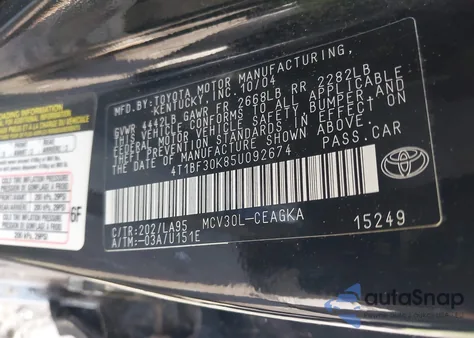 2005 Toyota Camry Xle V6 из США, поврежденный, VIN 4T1BF30K85U092674